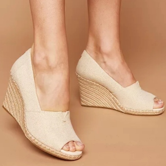 Toms | Women’s Cream Canvas Michelle Open Toe Wedge Espadrilles, like new!  Sz 8 - Picture 1 of 15